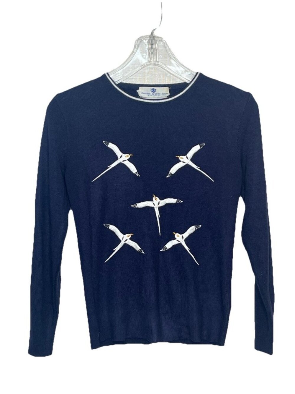 Vtg English Sports Shops Bermuda Sweater S Navy Bird Intarsia Cottagecore